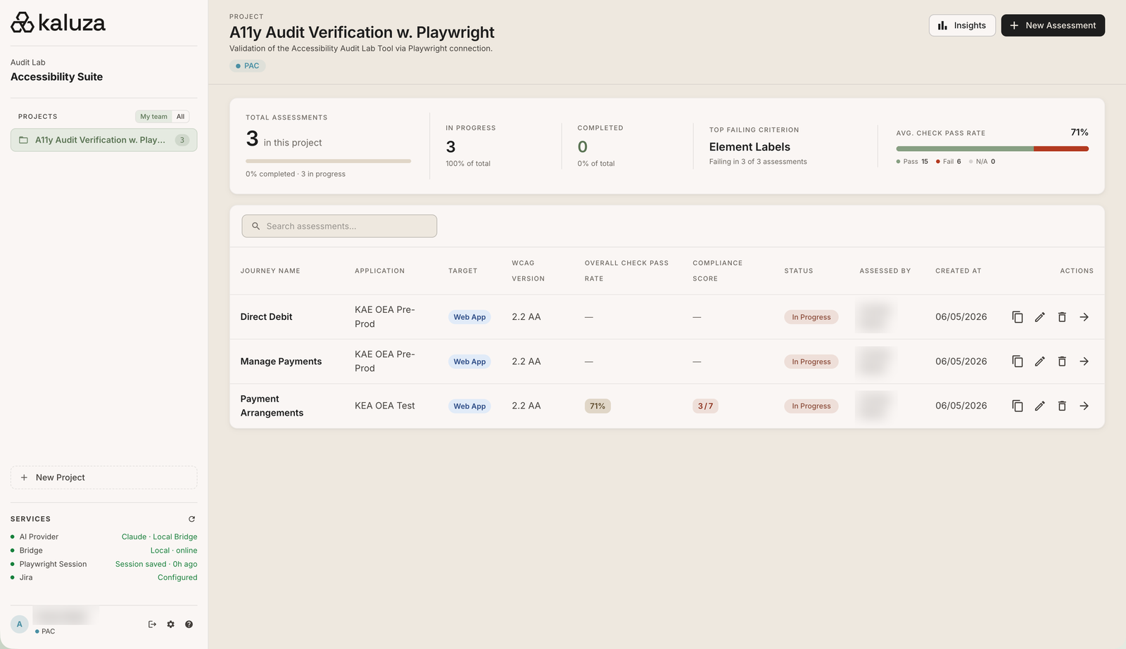 The accessibility audit lab project dashboard: assessments by journey with WCAG version, check pass rate, compliance score and status