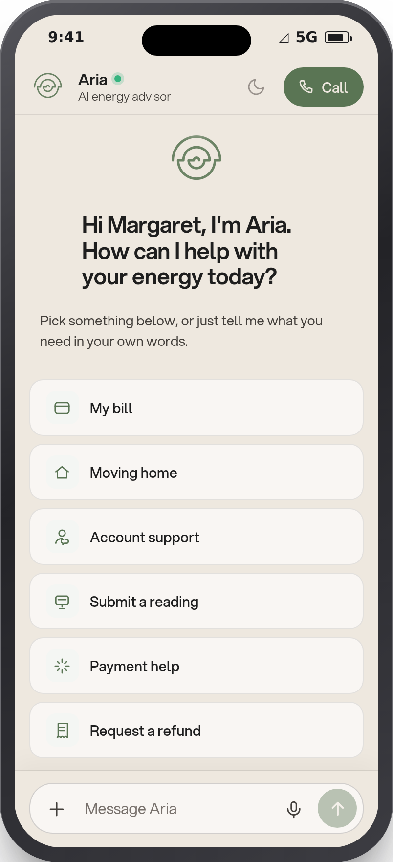 Conversational energy assistant home screen: a warm greeting, a short prompt to ask in your own words, and quick options for bills, moving home, account support, meter readings, payment help and refunds