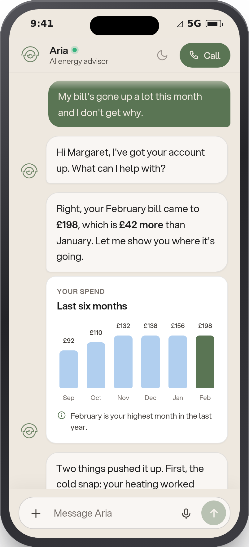 A bill question answered in chat, with a six-month spend chart that highlights the most recent and highest month and a plain-language explanation of what pushed it up
