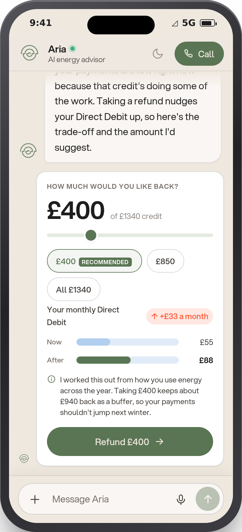 A refund flow with a recommended amount, a slider to choose how much to take back, and a clear trade-off showing the effect on the monthly Direct Debit