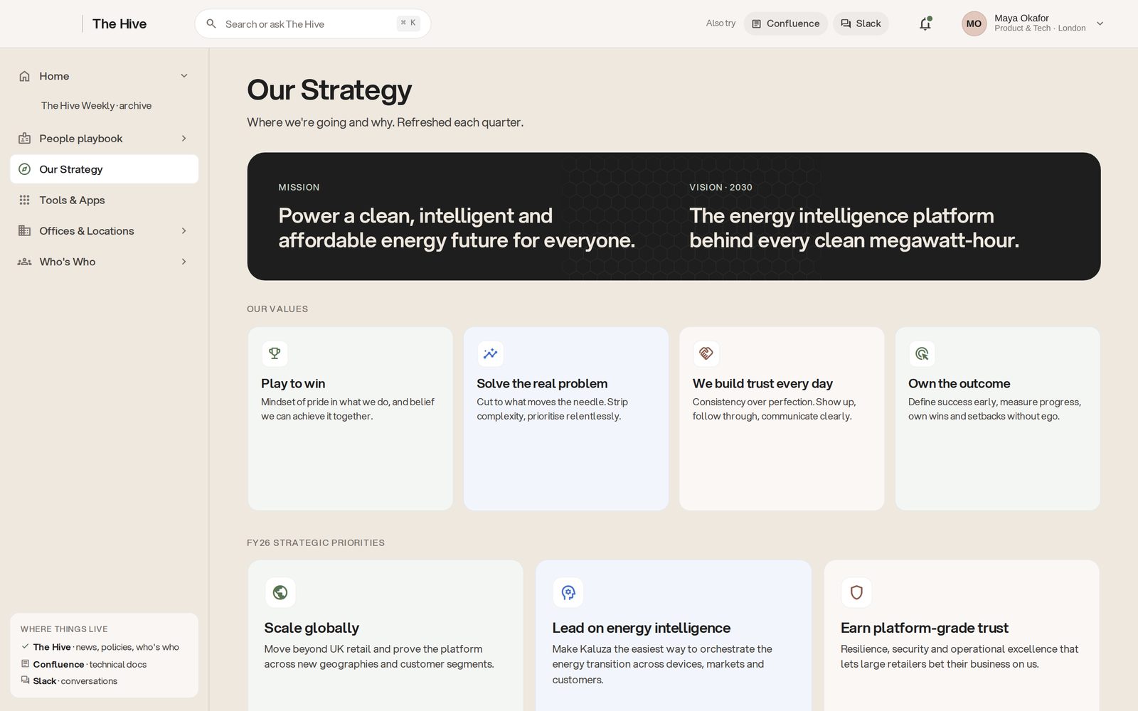 The Hive: the Our Strategy page, with mission, vision and company values.