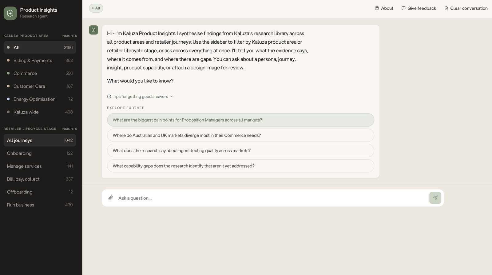 The product-insights agent: a research synthesis chat with a sidebar filtering insights by product area and retailer lifecycle stage