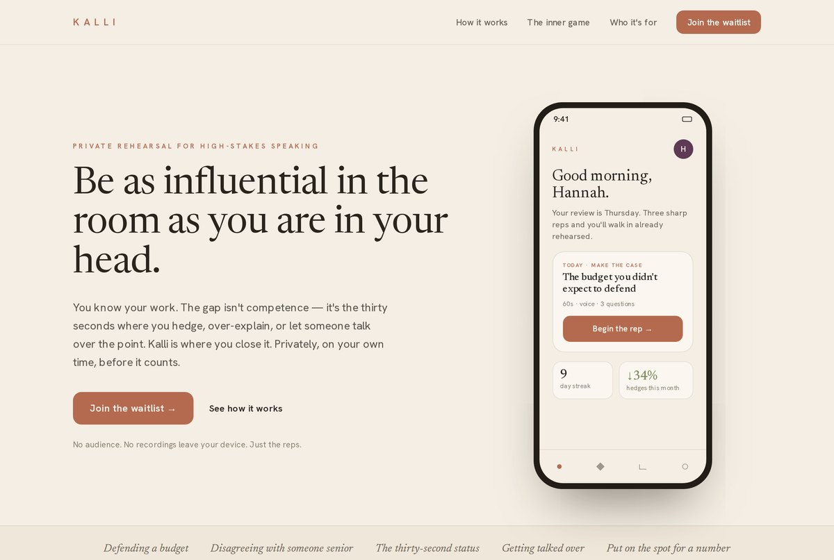 KALLI landing page, headline 'Be as influential in the room as you are in your head', with a phone mockup of the app home screen