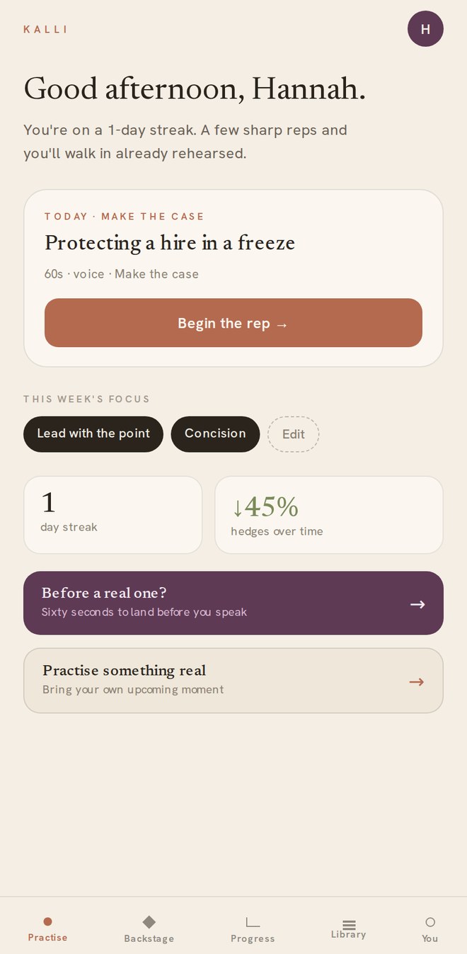 KALLI app home screen, showing today's rep 'Protecting a hire in a freeze', this week's focus, and a hedges-over-time stat