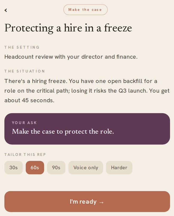 KALLI rep setup screen for 'Protecting a hire in a freeze', with the setting, the situation, the ask, and duration options