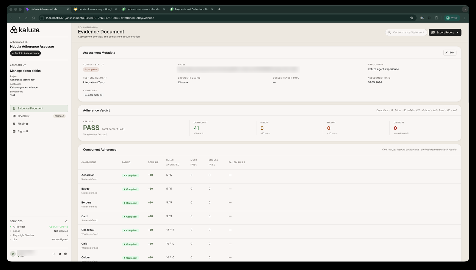 The Nebula adherence assessor evidence document: an adherence verdict with per-component compliance derived from rule checks