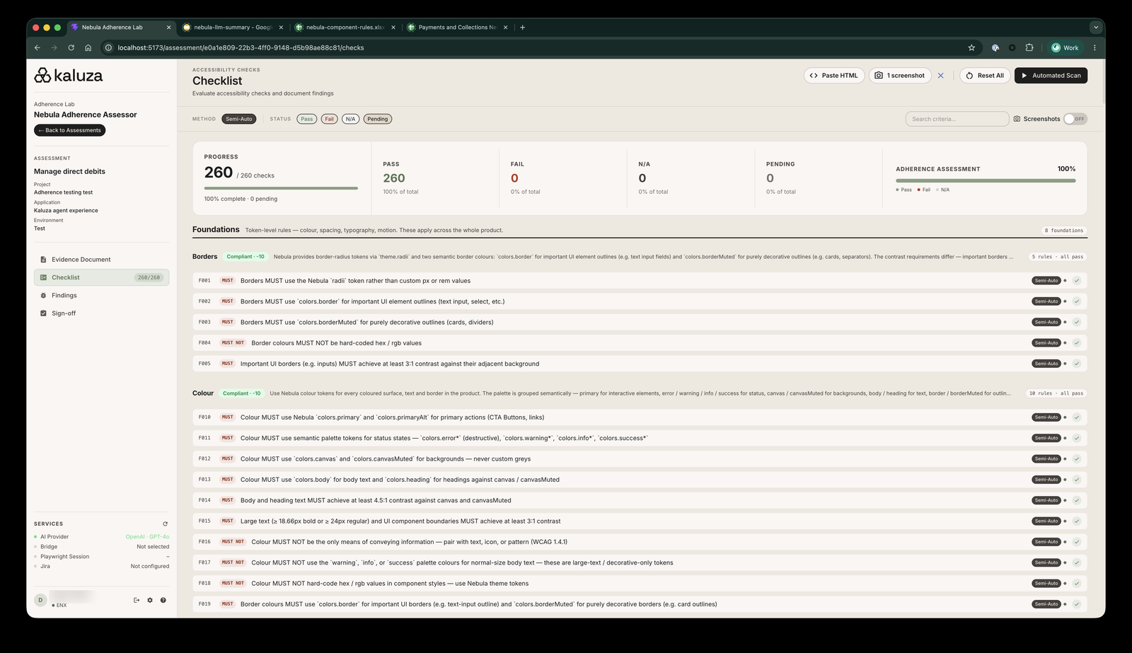 The adherence checklist: token-level and component rules for the design system, each checked and rated