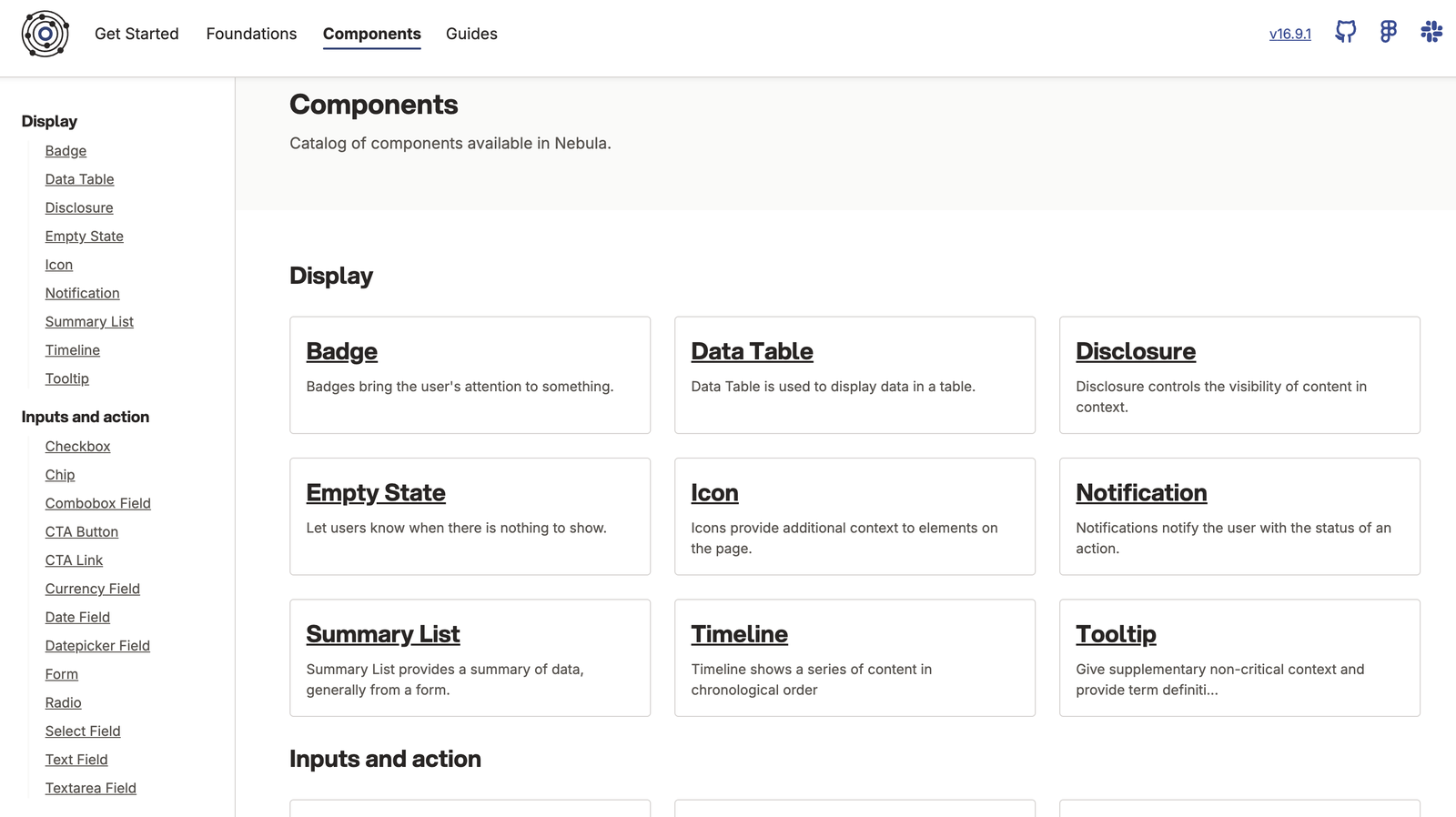 The Nebula component catalogue, its library grouped into Display, Inputs and action, Surface and Typography