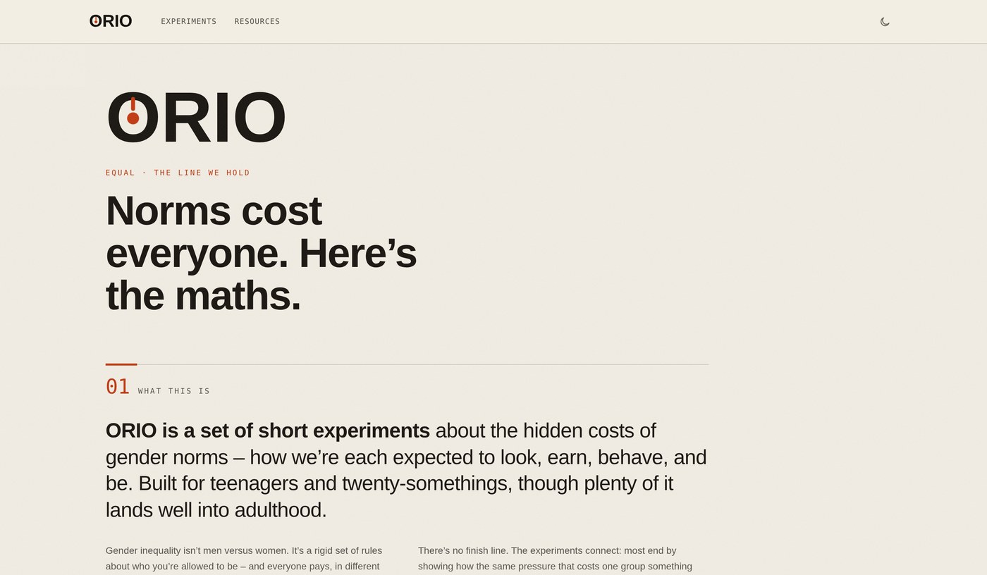 ORIO landing screen, with the headline Norms cost everyone, here's the maths, and an opening explainer