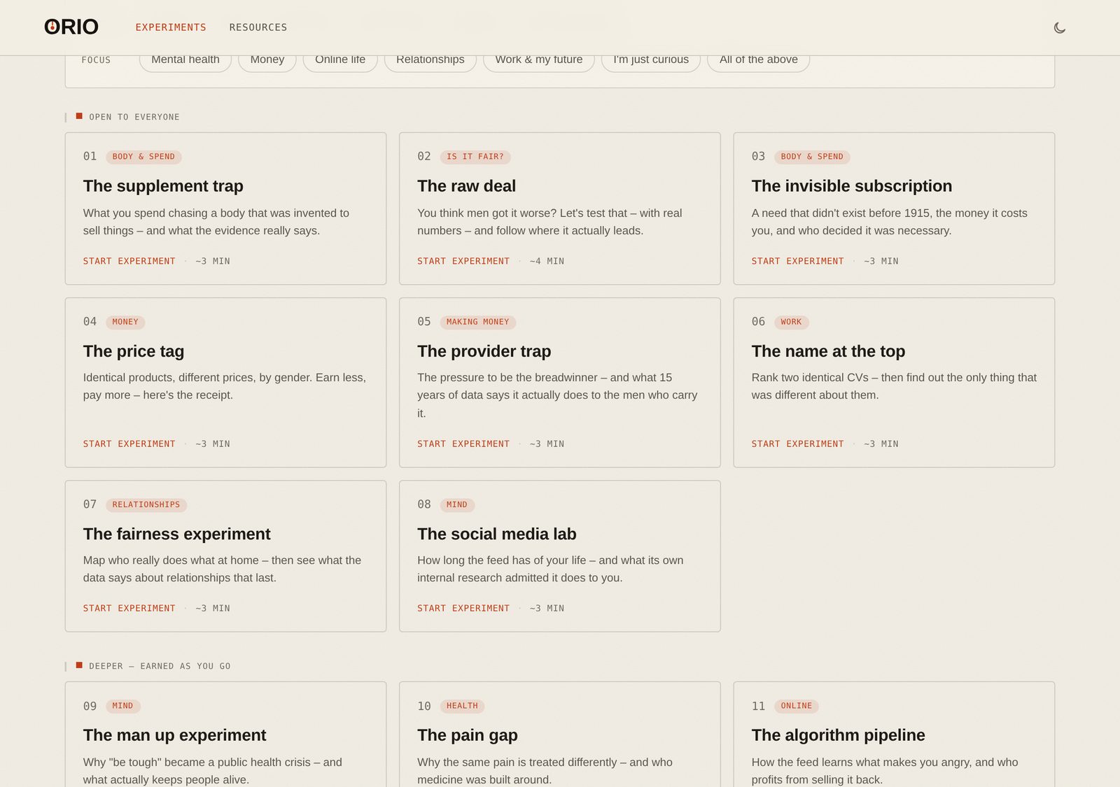 ORIO: the experiments grid, a set of short interactive data experiments.